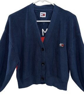 Tommy Hilfiger Semi Cropped Button Up Sweater Embroidered Logo Navy Red Womens